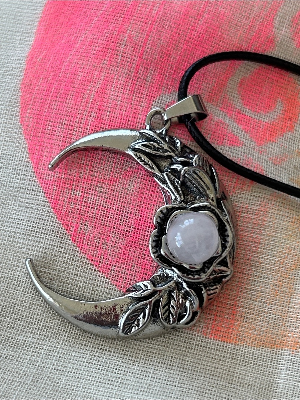 Pale Rose Quartz Crescent Moon Pendant 1.5” Dia with Moonology Love Oracle Cards - Picture 5 of 5
